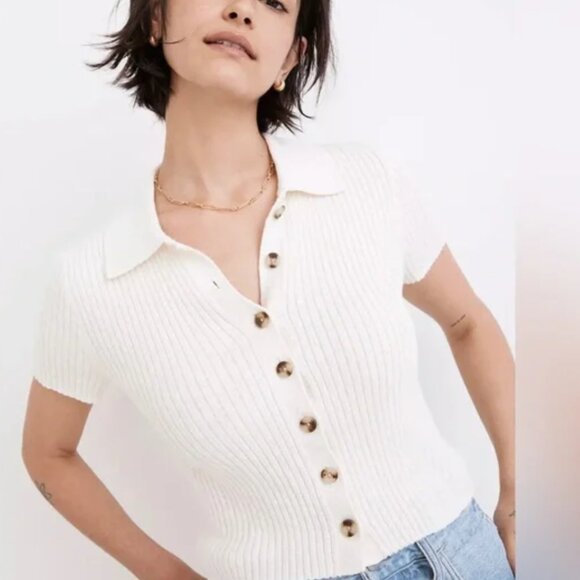 Madewell Ribbed Short-Sleeve Polo Sweater – Cream XL, Button-Front Collar - Picture 1 of 8